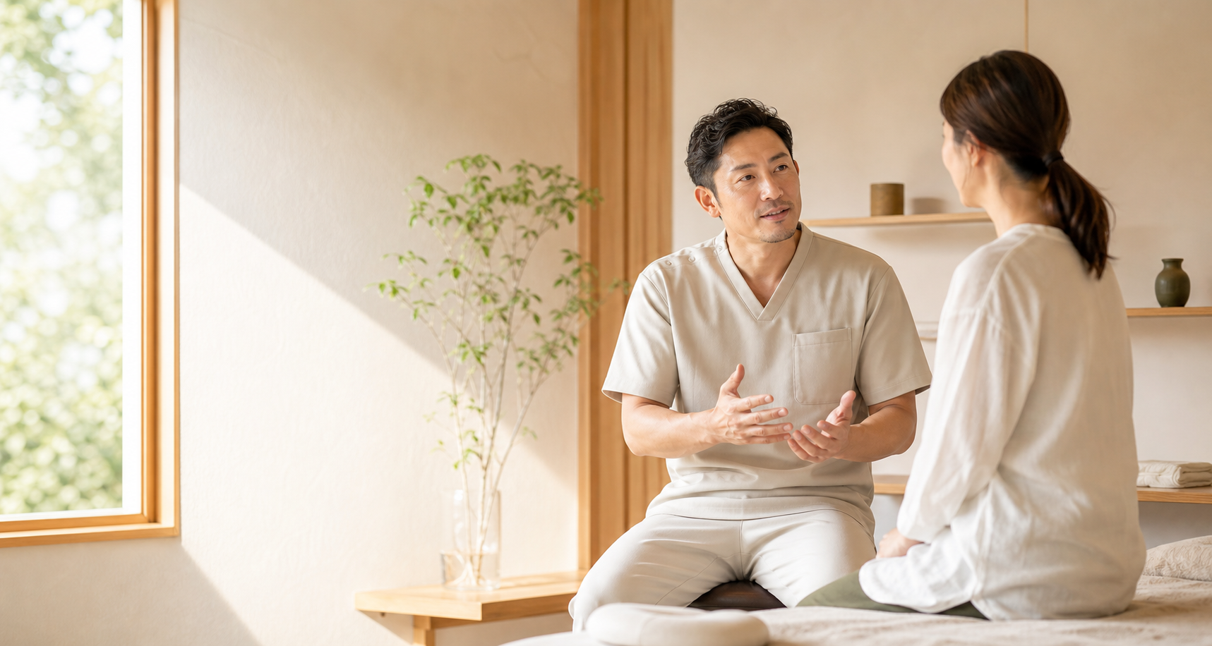 明るい院内で患者さまと会話する施術者